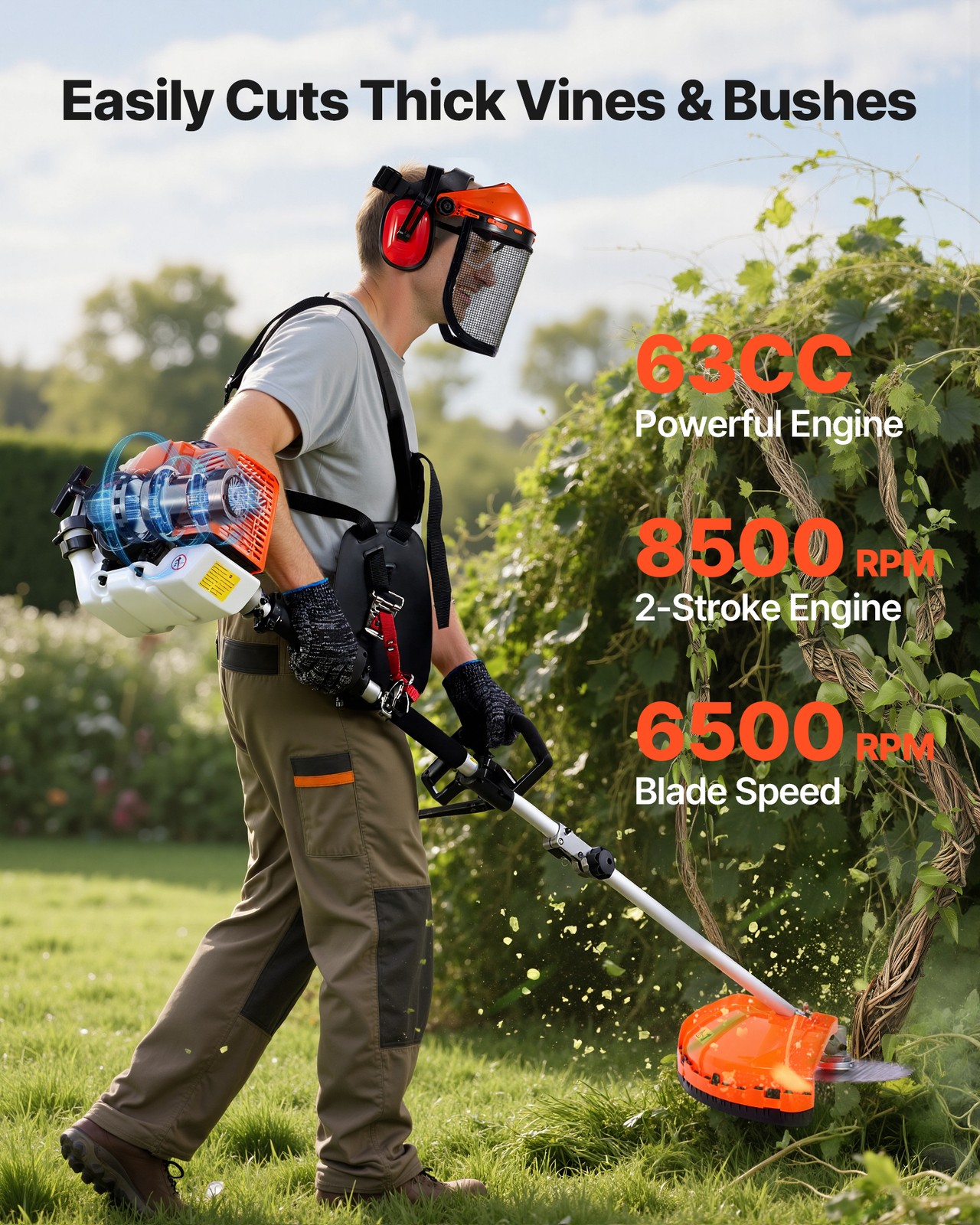 VEVOR 5-in-1 Gas Hedge Trimmer 2 Cycle 63cc Gas Powered Handheld Hedge Trimmer