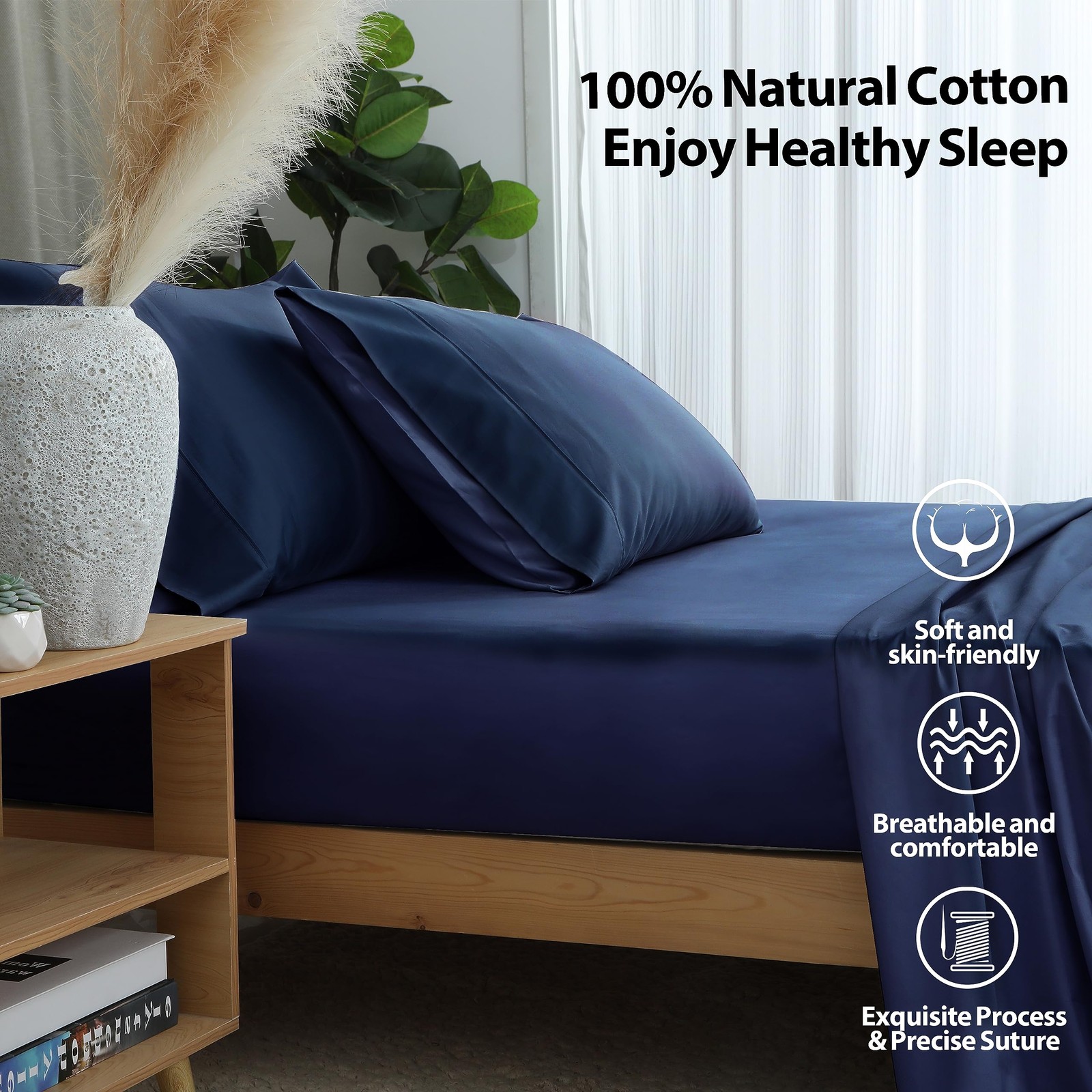King Size Fitted Sheet Only Navy Blue, 100% Egyptian Cotton 600 Thread Count,…