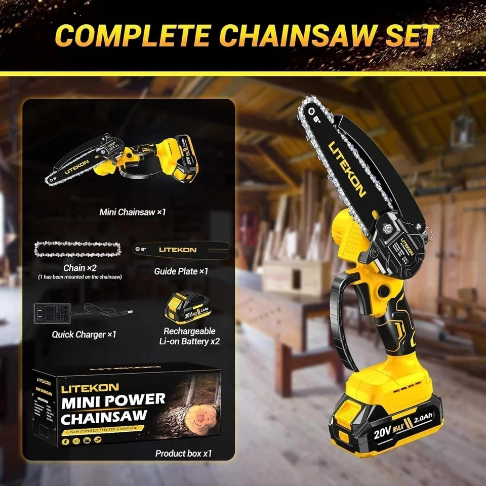 Mini Chainsaw Cordless with 2000mAh Battery & Quick Charger & 2 Chains-2025 Best