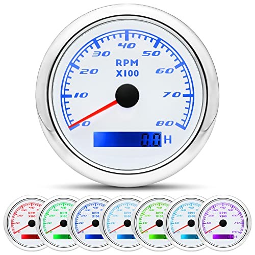 Tachometer Gauge 7 Color 0-8000 RPM Tacho Meter 85mm 3 3/8″ for 8000RPM White