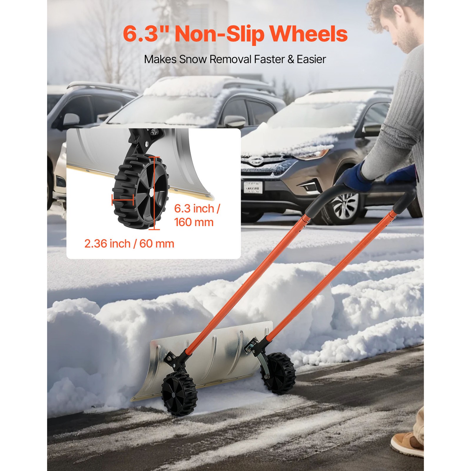 Snow Shovel with Wheels 24″ Durable Metal Snow Removal Pusher Plow for Driveway