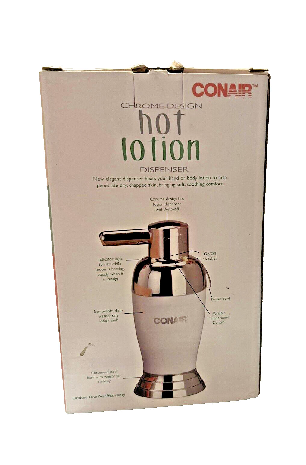 New CONAIR Chrome Design Hot Lotion Dispenser Hand Body Moisturizing Spa HLD31