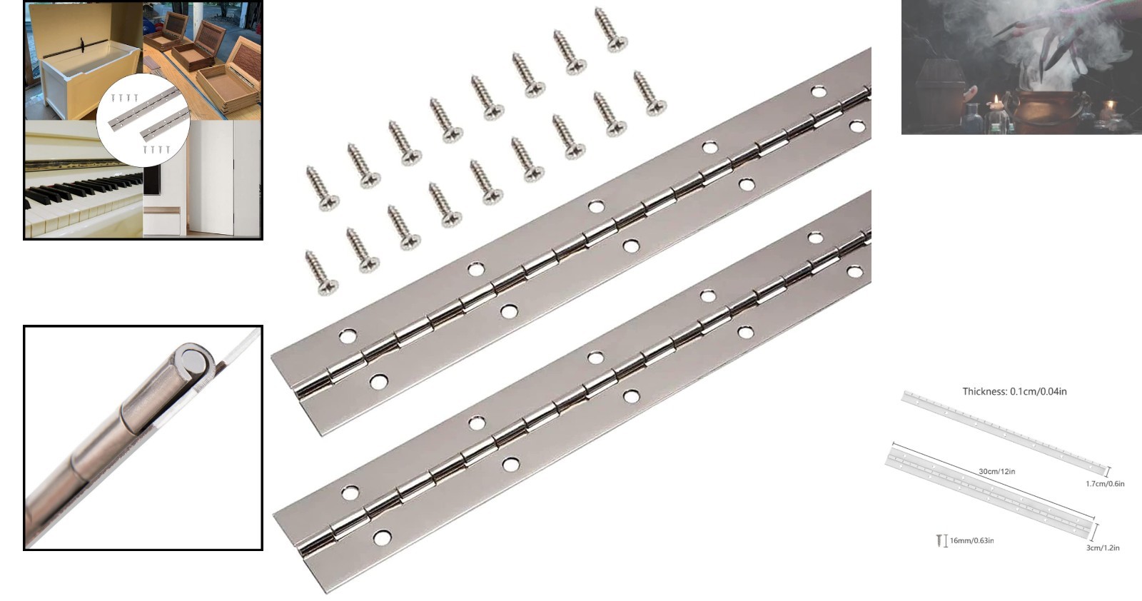 Durable 12” Stainless Steel Piano Hinges – Rust-Resistant with Mounting Screws