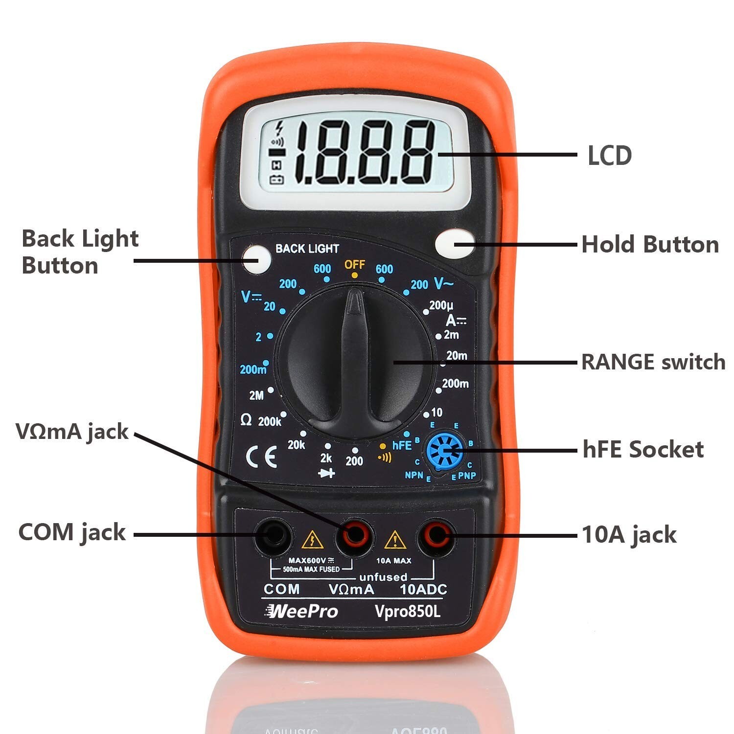 WeePro Vpro850L Digital Multimeter DC AC Voltmeter, Ohm Volt Amp Test Meter, US