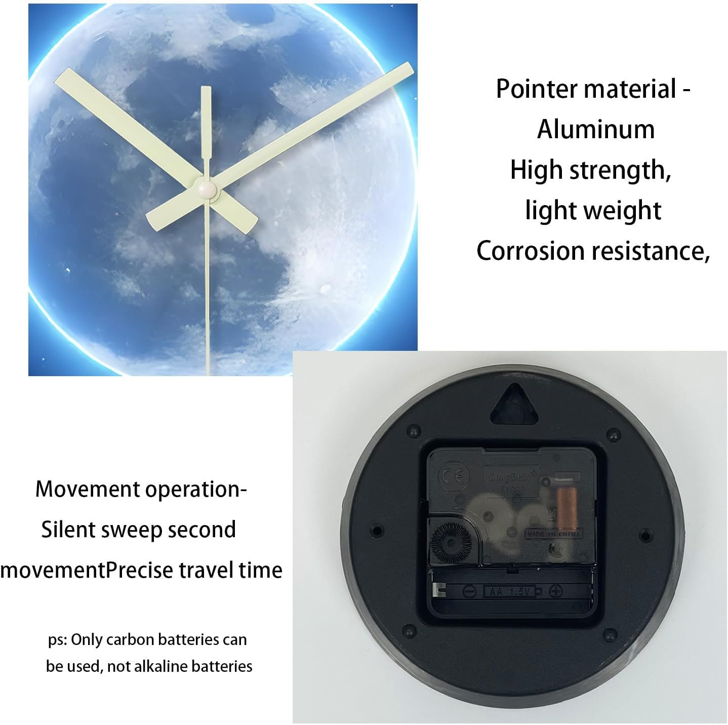 Analog Glow in the Dark Wall Clock Battery Operated 12 Inch Blue Light up Clock