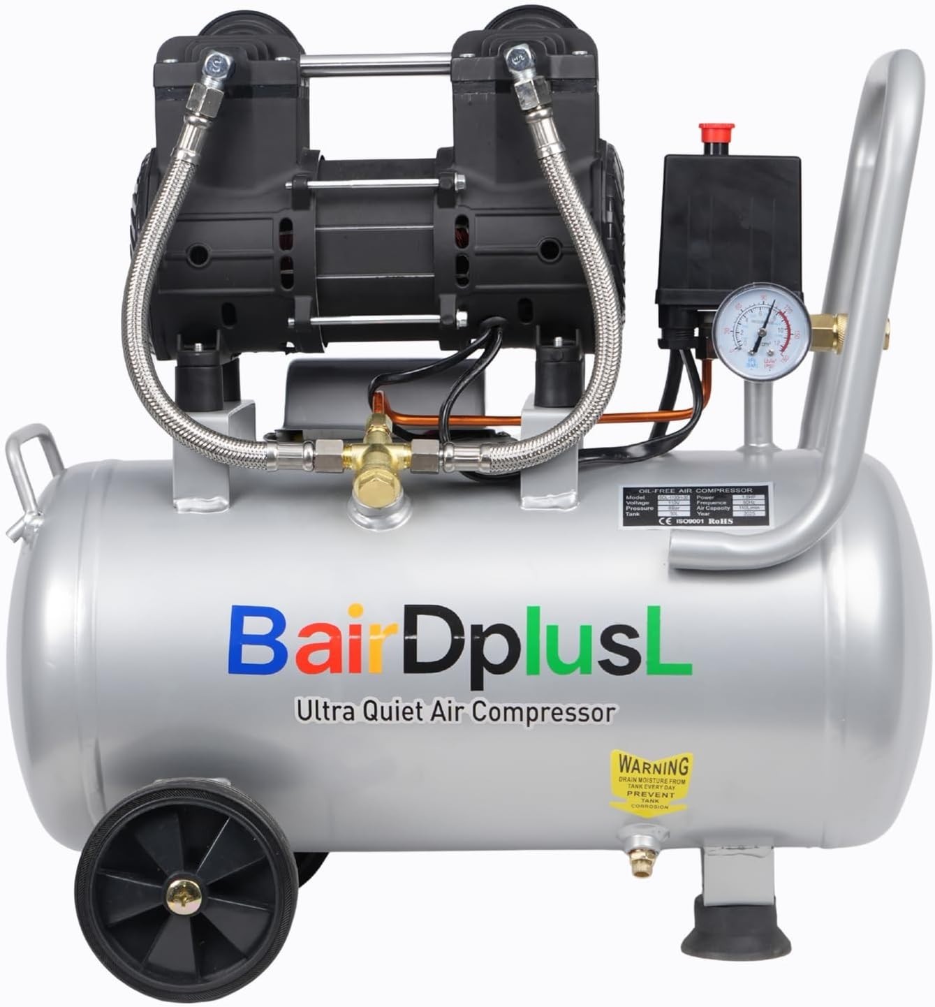 3.2 Gallon Ultra Quiet Air Compressor 110V/60Hz 1.5HP 8.8CFM, Oil-Free 70dB