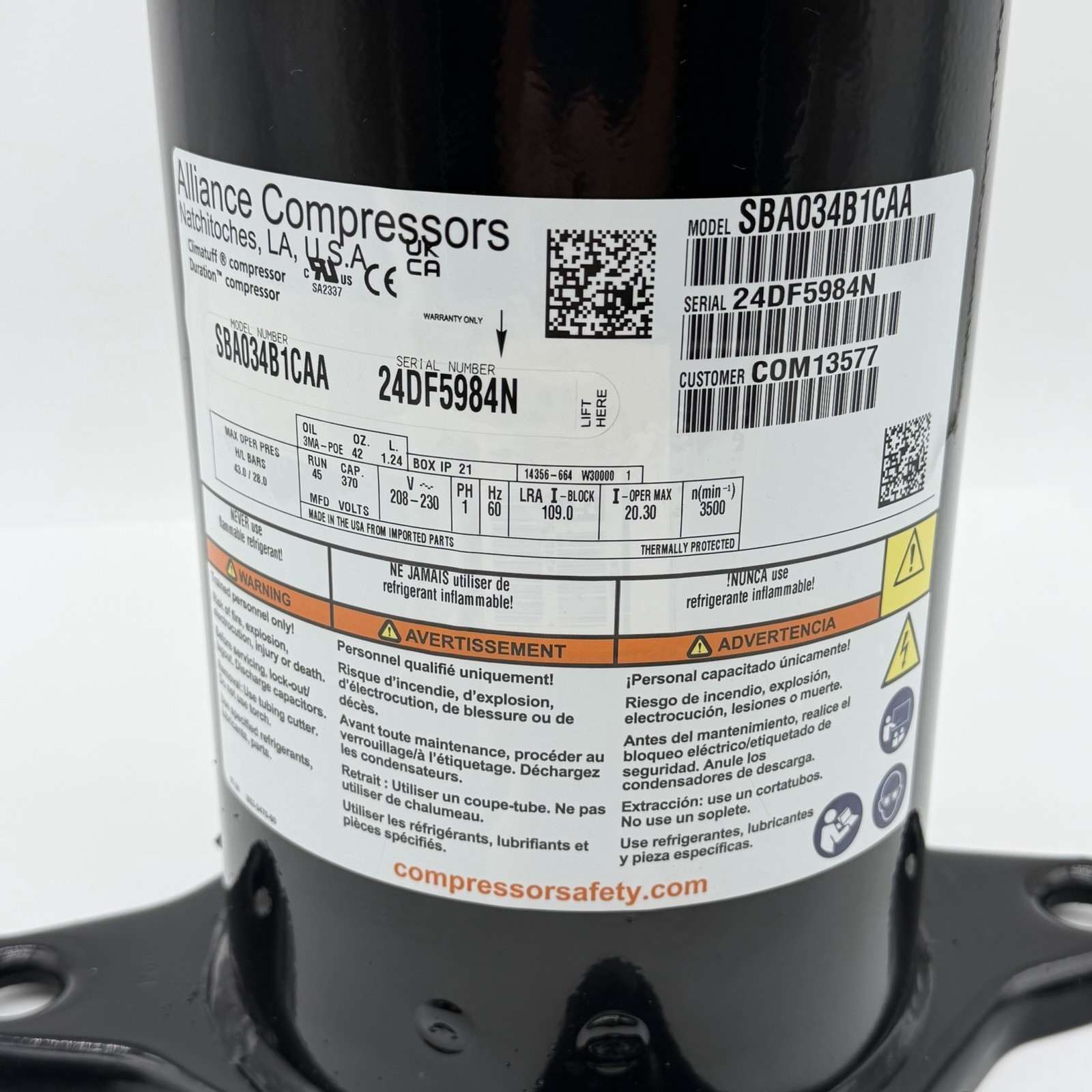 NEW Trane Alliance Compressor SBA034B1CAA COM13577 208-230V 1PH R410A 3 TON