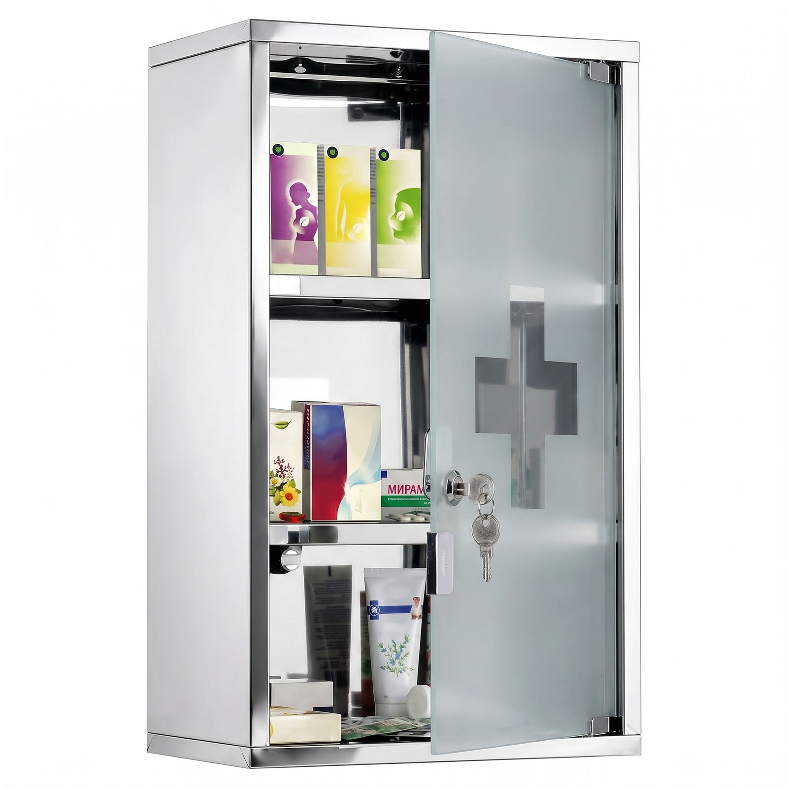 Stainless Steel Medicine Cabinet Wall Mount Frosted Door Lockable First Aid