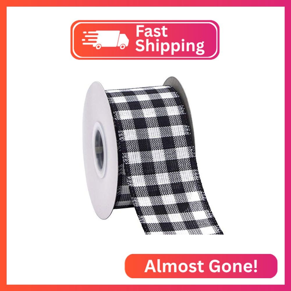 Ribbli Black and White Wired Ribbon, Buffalo Plaid Ribbon 2-1/2 Inch x Continuou
