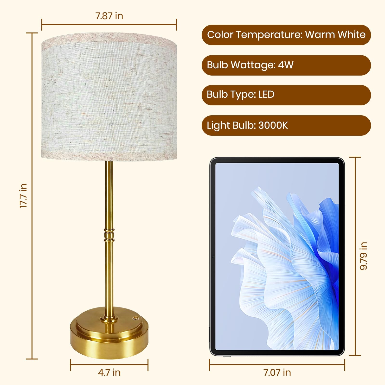 AWOKE 17.7-Inch Tall Cordless Table Lamp, 7500mAh Long-Lasting Battery Operat…