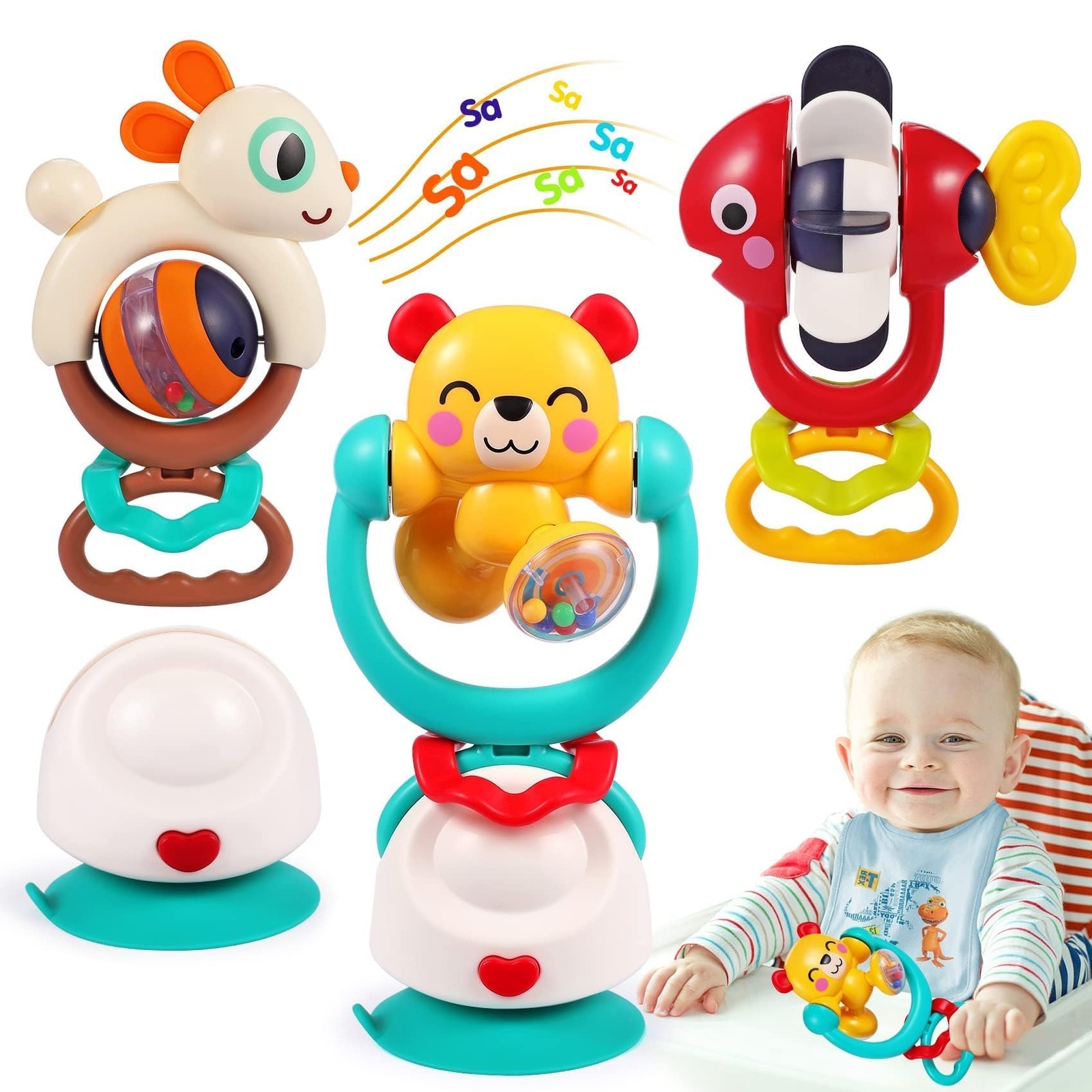 Baby Toys 6-12 Months Infant Toy Set of 3 High Chair Suction Cup Rattle Teething
