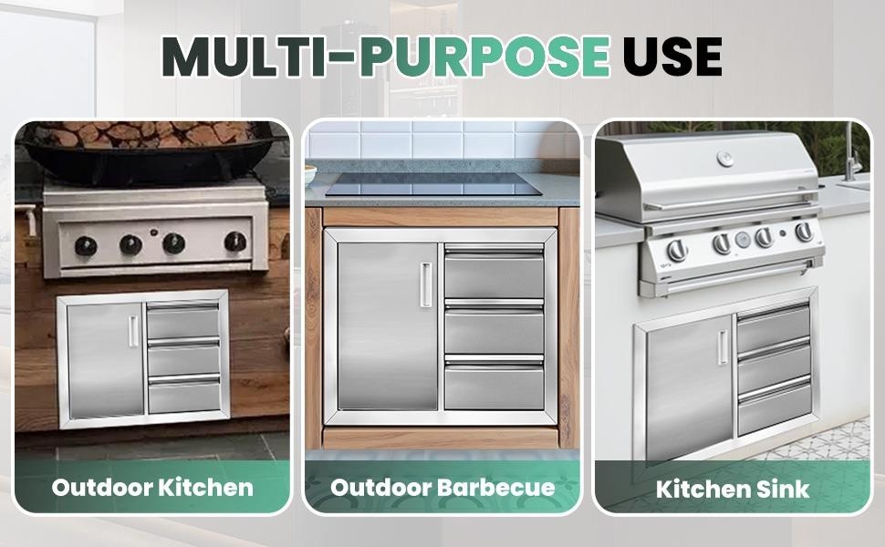 Outdoor Kitchen Door Drawer Combo 28″x22″ BBQ Triple Drawers & Access Cabinet