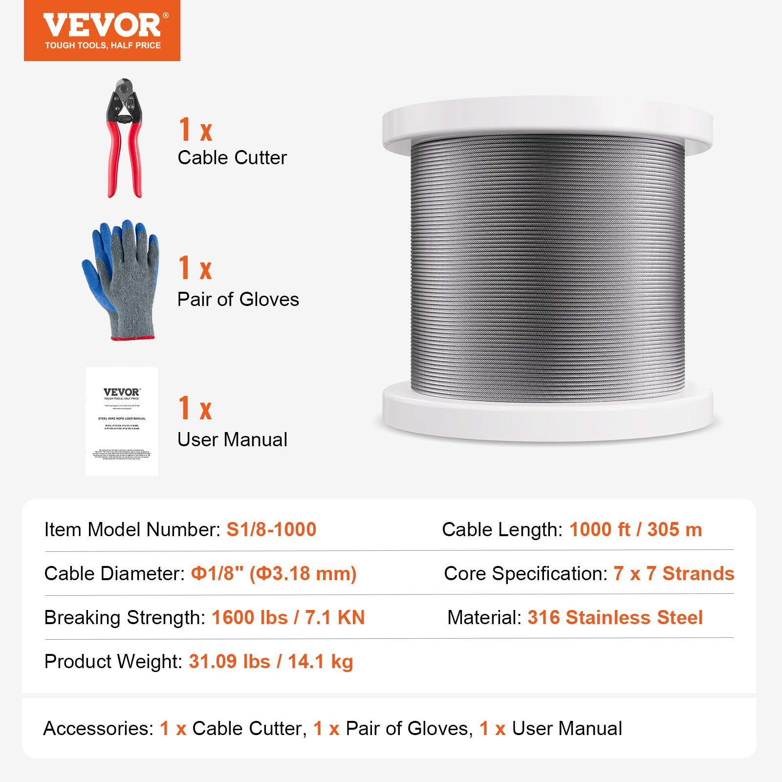 VEVOR Wire Rope Kit, 1/8″ 1000 ft 316 Stainless Steel Cable with Cutter and Glov