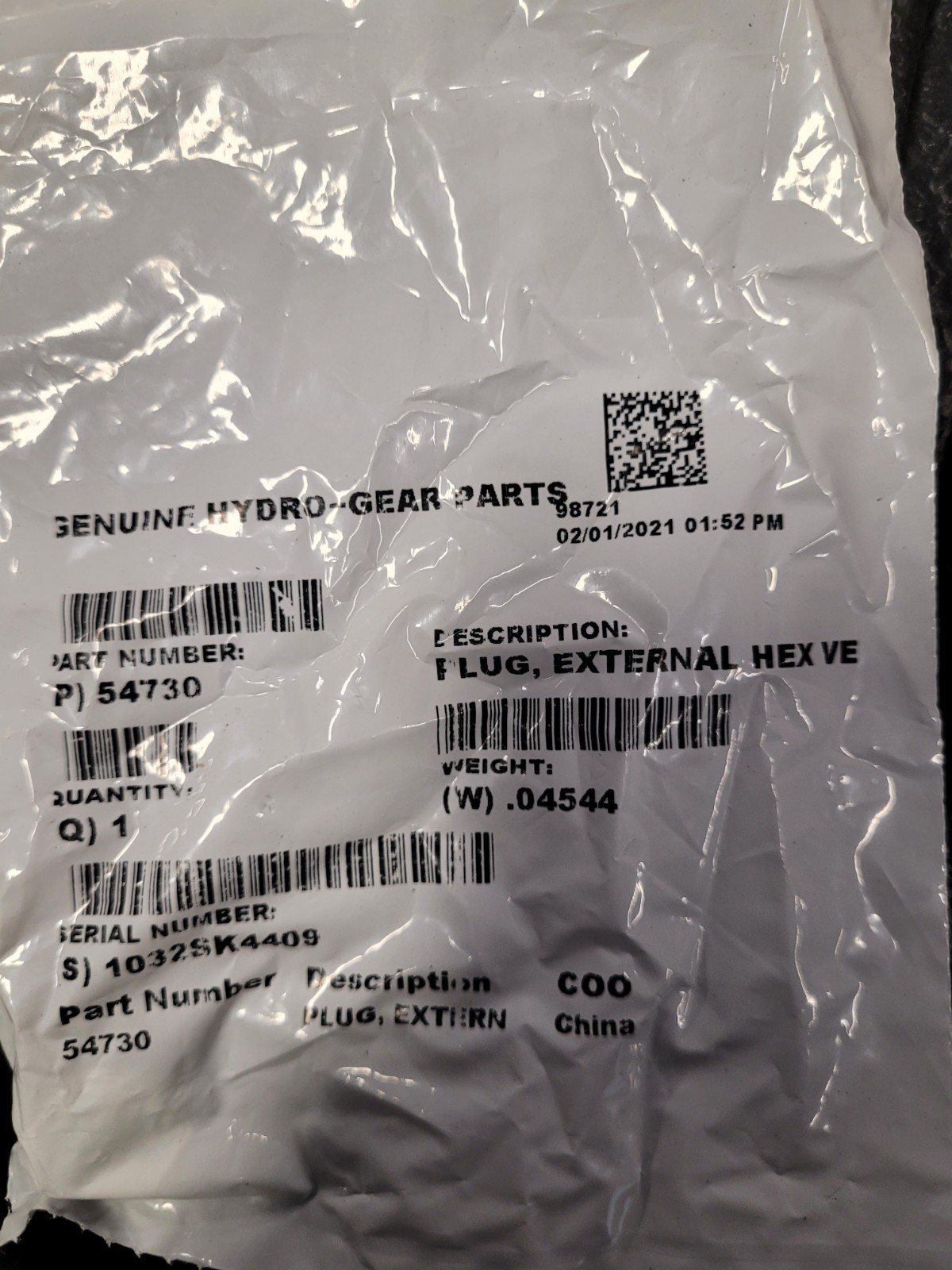 Genuine OEM Hydro-Gear PLUG EXTERNAL HEX Part# 54730