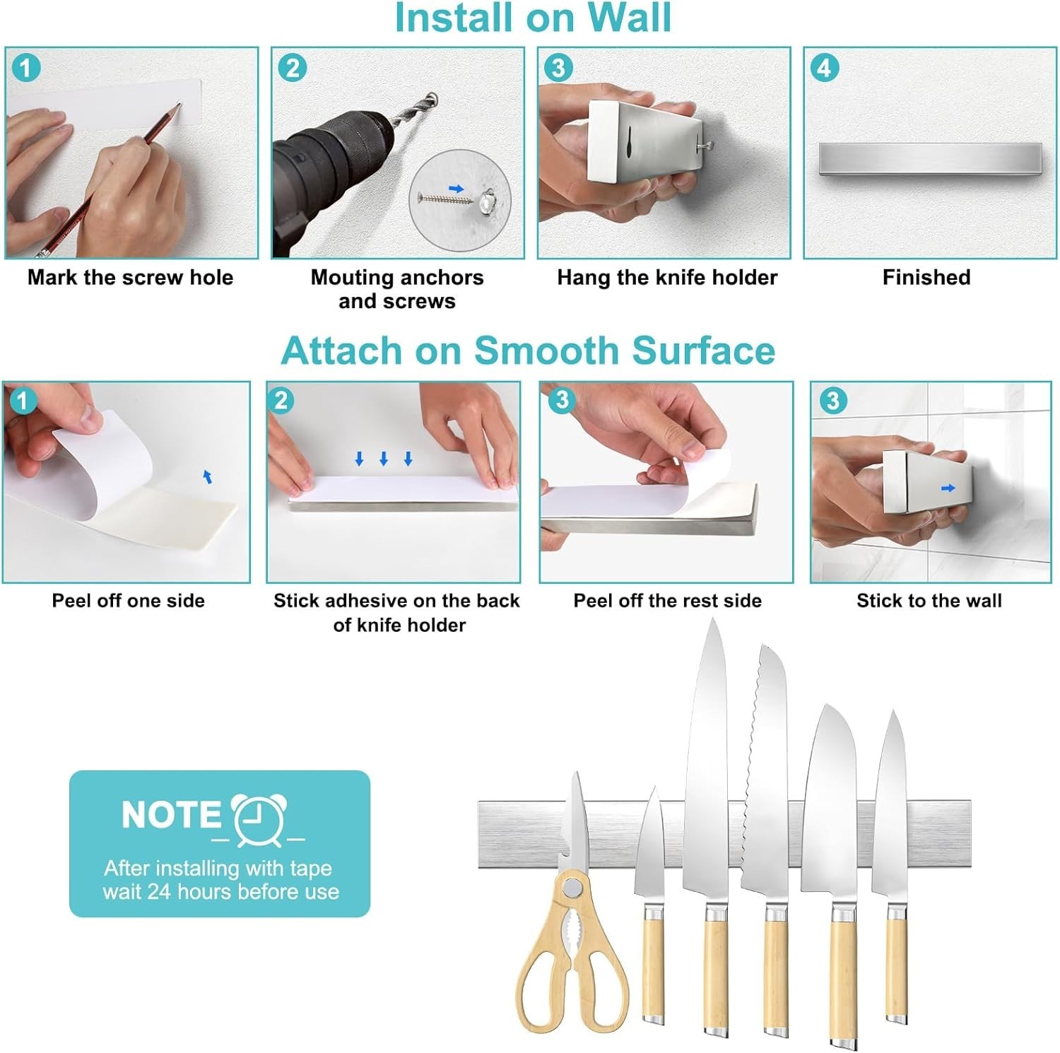 Magnetic Knife Holder for Wall, No Drilling Magnetic Knife Strip Adhesive Knife