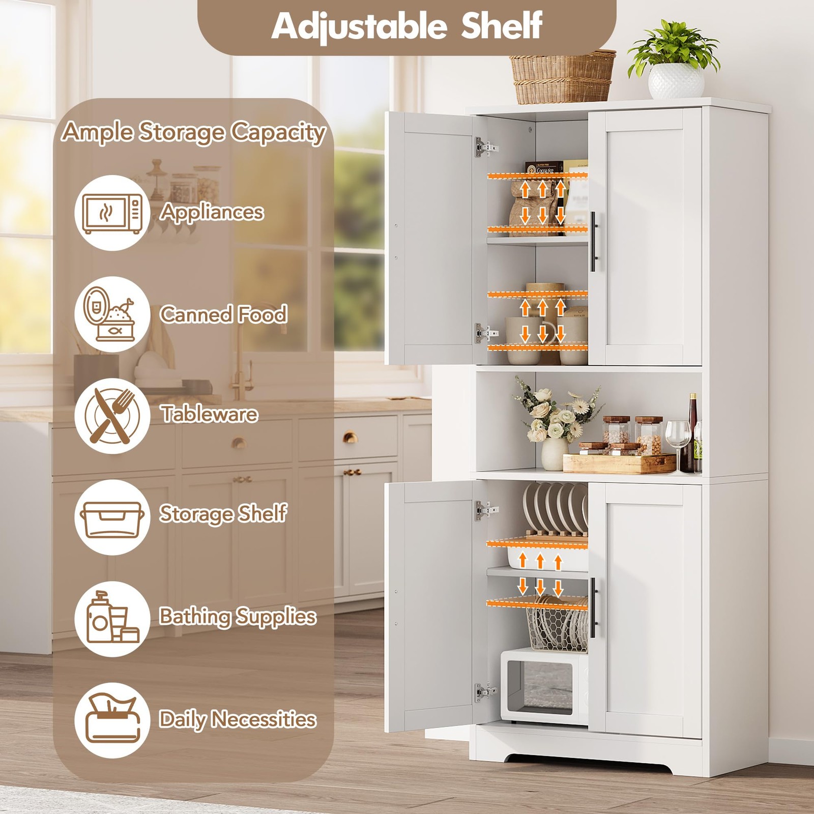 70” Tall Kitchen Pantry Cabinet Freestanding Storage Cabinet Adjustable Shelves