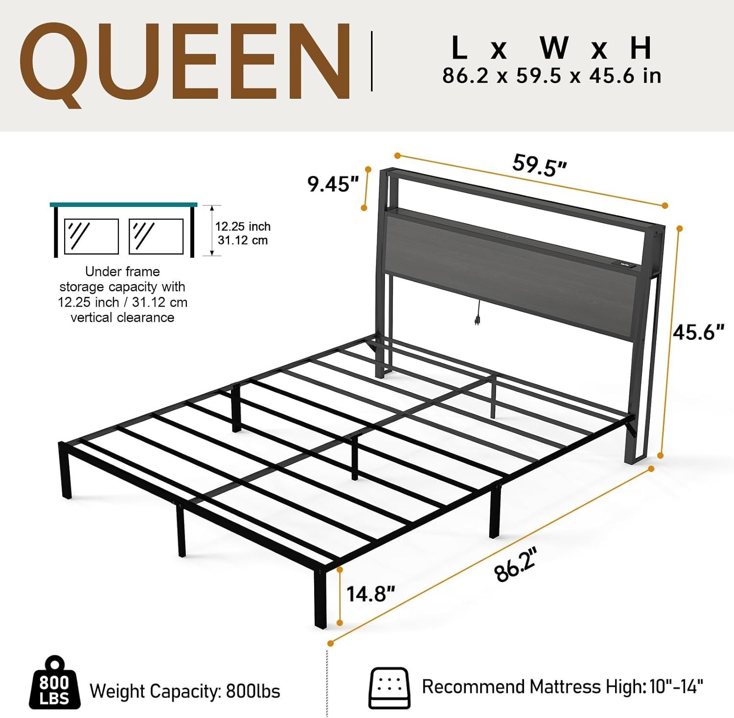 Queen Full Size Bed Frame with Storage Headboard &Charging Station＆ LED Lights