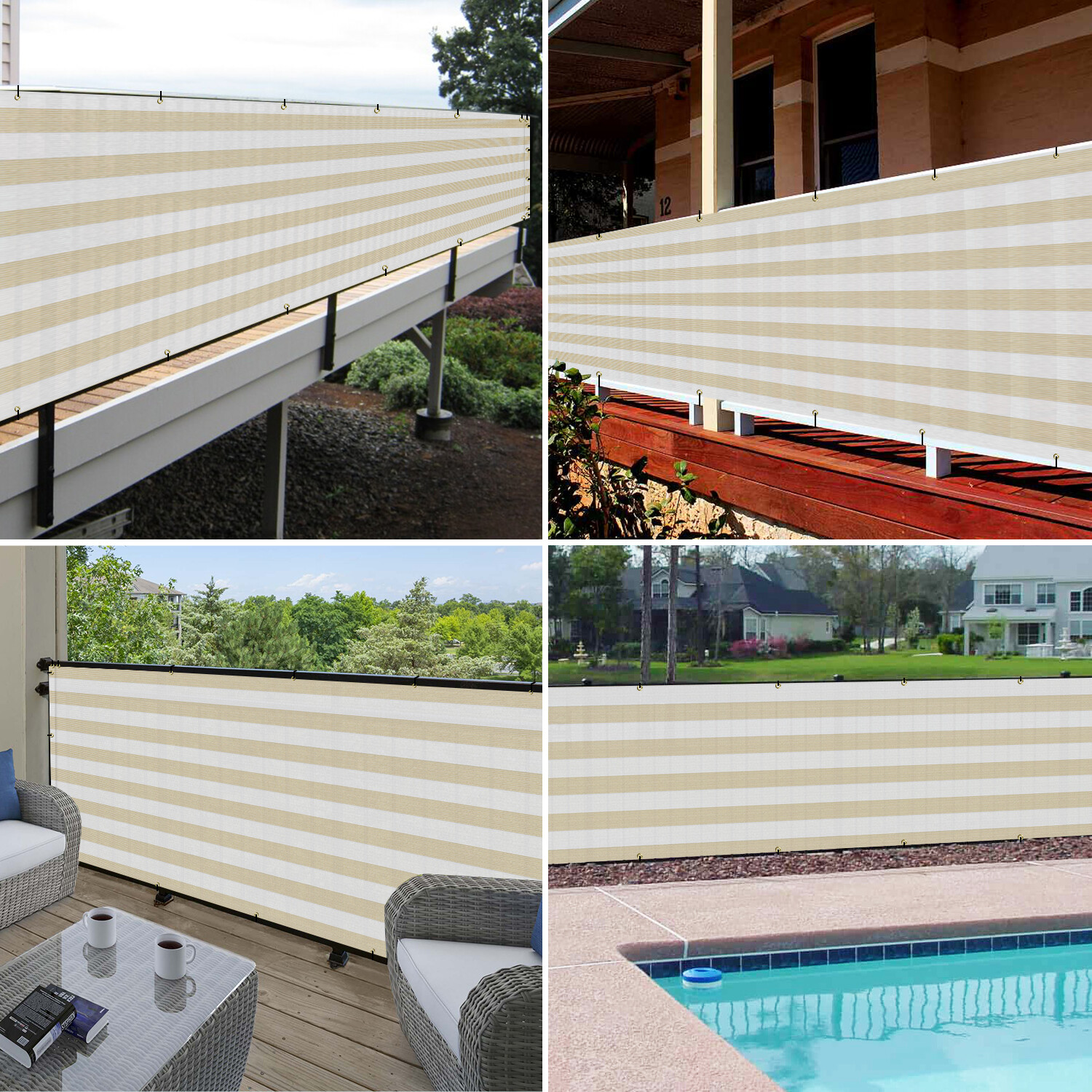 Beige White stripes Privacy Screen Fence Patio Deck Balcony Porch w/Grommets