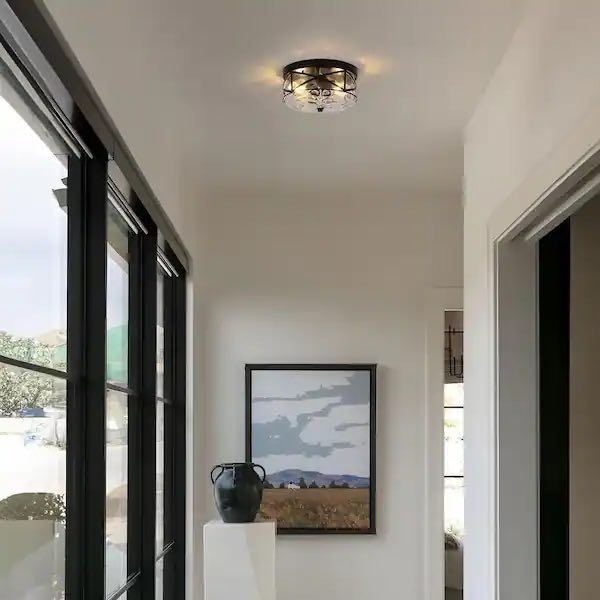 LamQee 9.8 in. 2-Light Black Flush Mount Glass Ceiling Light with Metal Frame