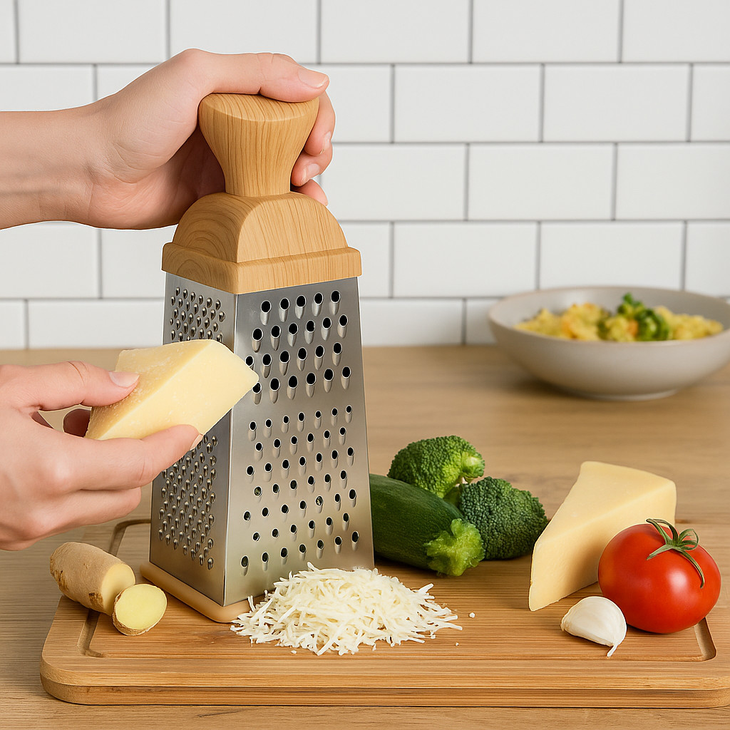 4-Sided Stainless Steel Box Cheese Grater 10.5″ w/ Woodgrain Handle Non-Slip