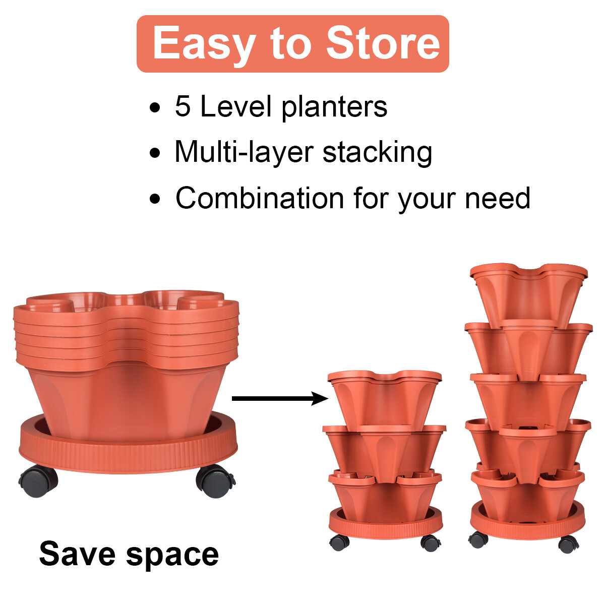 Vertical Planter 3-7 Tier Stackable Planters w/ Wheels & Tools Garden Tower Pot