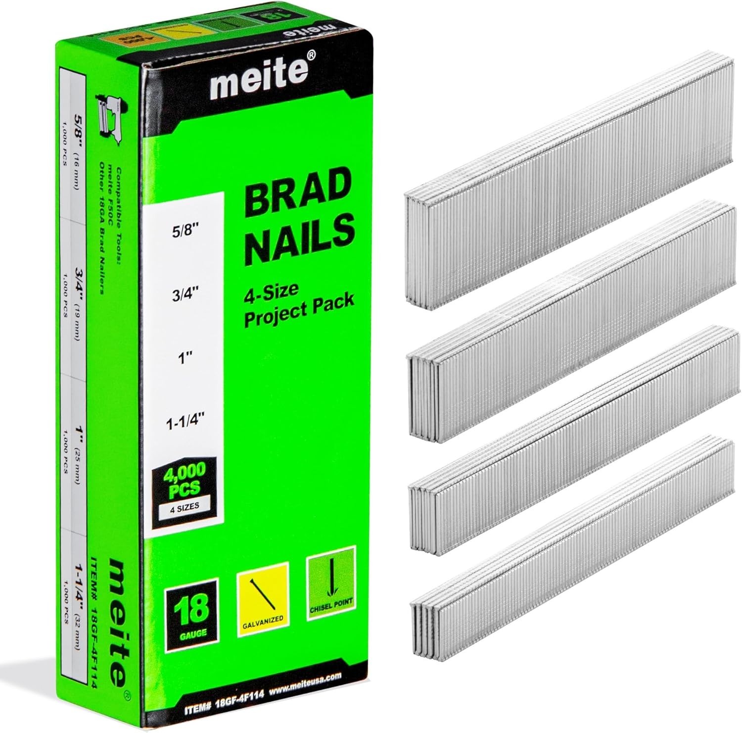 4,000 Counts 18 Gauge Brad Nails 4 Sizes (5/8″, 3/4″, 1″, 1-1/4″) Galvanized