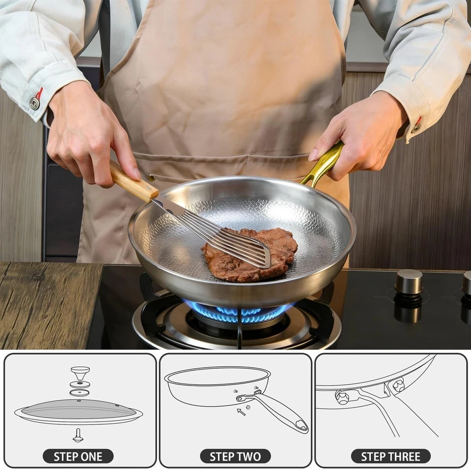 Pure Titanium Hammered Frying Pan with Lid, 12 Inch Skillet, No Coating Cookw…