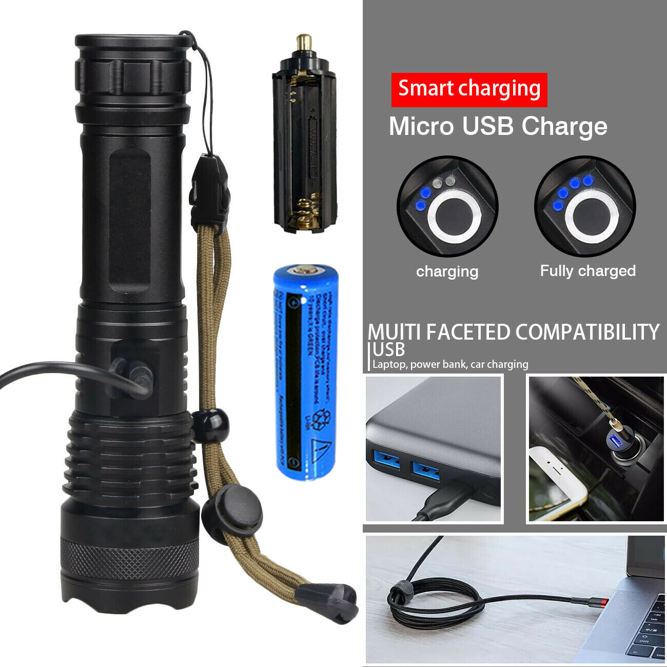 Rechargeable 990000LM LED Flashlight Tactical Police Super Bright Torch Zoomable