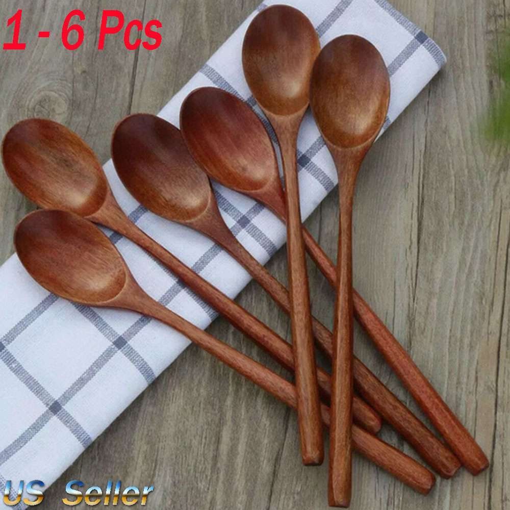 1-6Pcs 13″ Wooden Spoon Kitchen Spices Natural Wood Long Handle Eating Spoons US