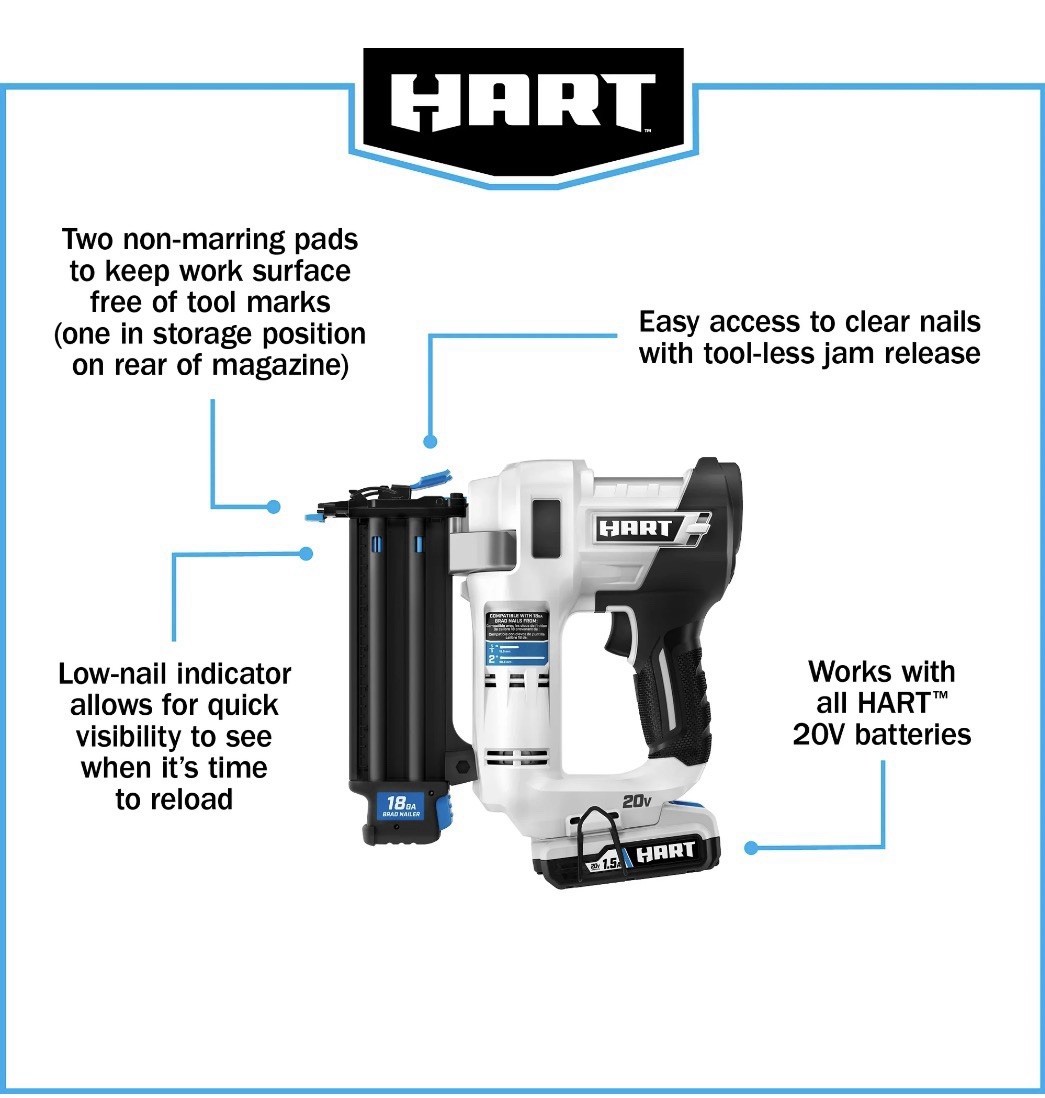 HART 20-Volt 2-inch 18-Gauge Battery-Powered Brad Nailer Kit, 1.5Ah Battery