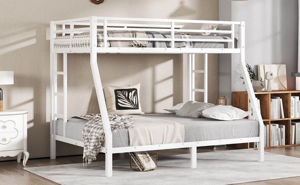 Metal Twin over Full Bunk Bed White Bed Frame for Teens and Adults Bedroom