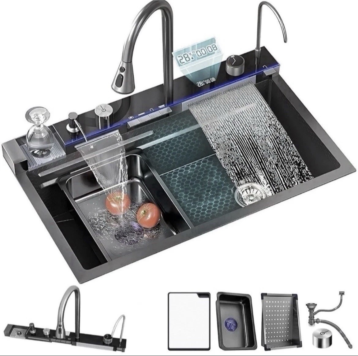 30 x 18” Waterfall Kitchen Sink Flying Rain Pull-Out Faucet w/ Cup Washer