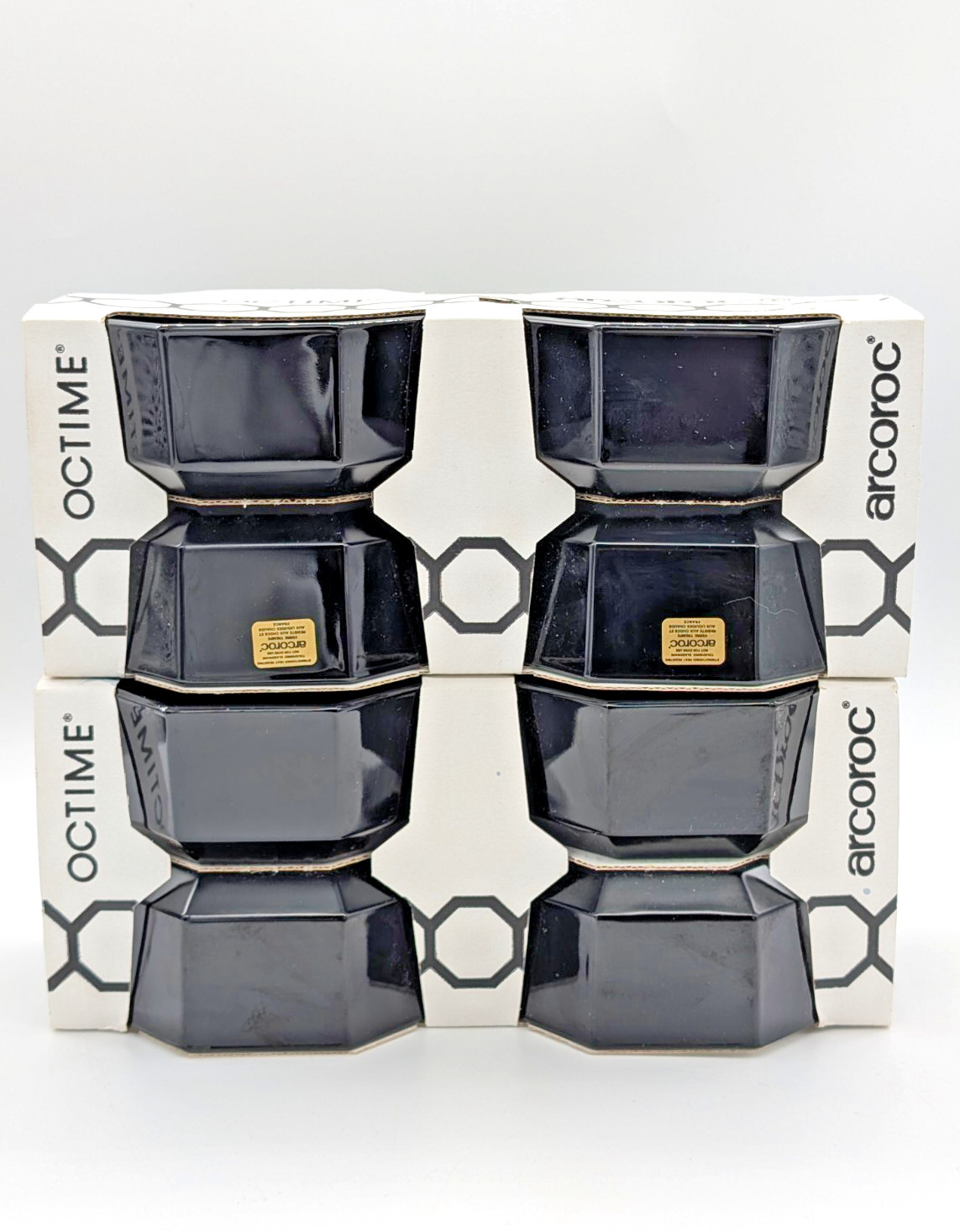 Vtg Arcoroc France Octime Black Glass Bowls Set of 8 NIB 1980s Retro Octagon