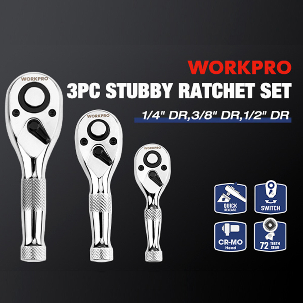 WORKPRO 3PC Stubby Ratchet Set 1/4″ 3/8″ 1/2″ Drive Ratchet Handle Quick Release