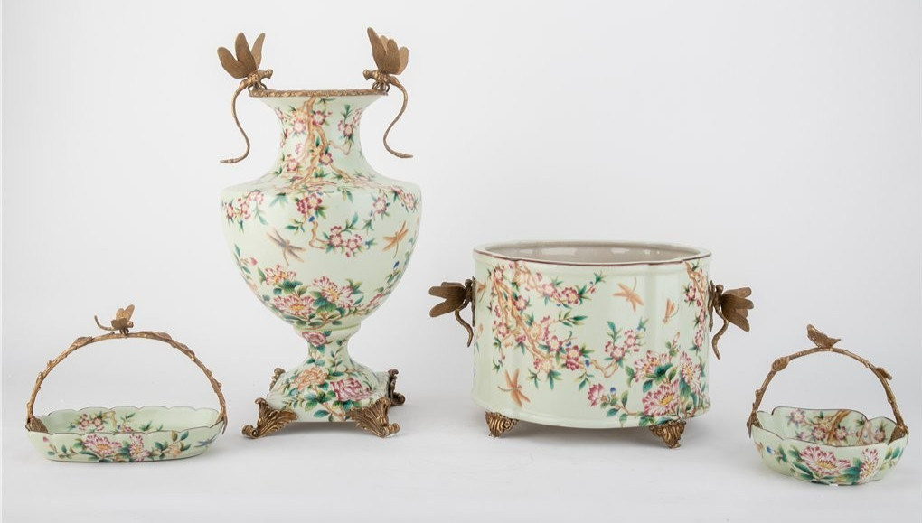 Porcelain Oval Planter with Ormolu Dragonfly Handles-Floral Vine-14” x 8”H