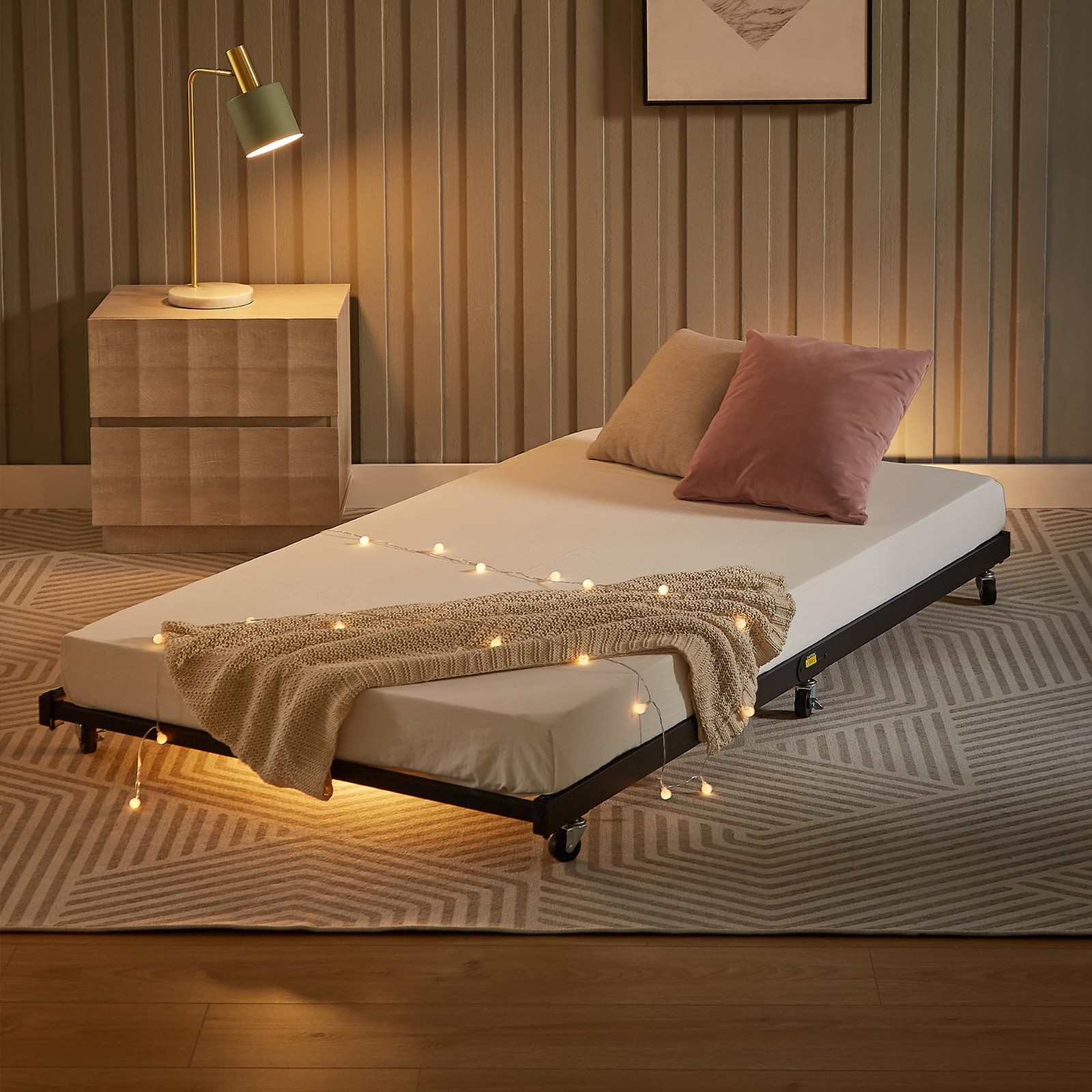 Twin Trundle Bed Frame with Roll-Out Feature, Metal Slats & Lockable Casters, Bl