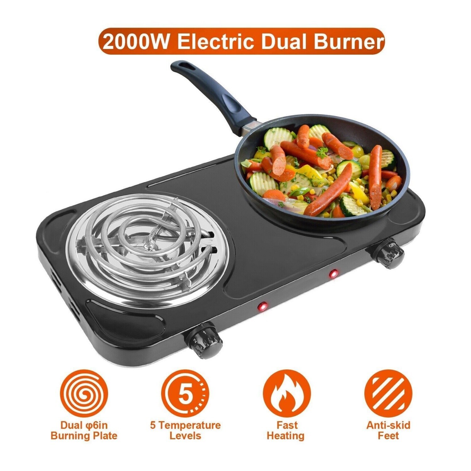 2000W Portable Kitchen Electric Double Burner Hot Plate Cooktop Cooking Stove