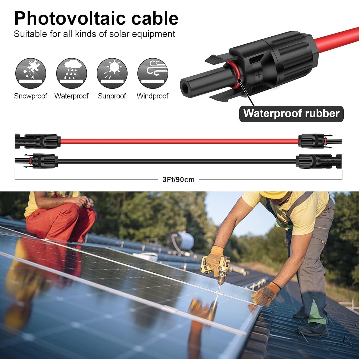 10 AWG Solar Panel Extension Cable PV Wire Solar Connector Pair Black & Red 6mm²