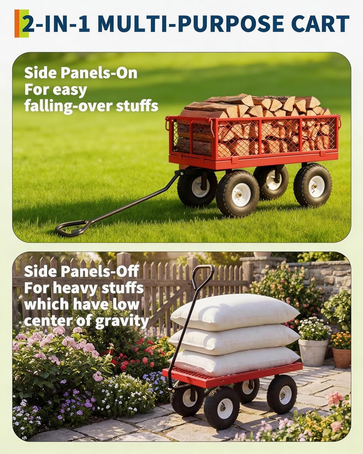 400 LBS Capacity Steel Utility Wagon with 10″ All-Terrain RED Cart, Garden
