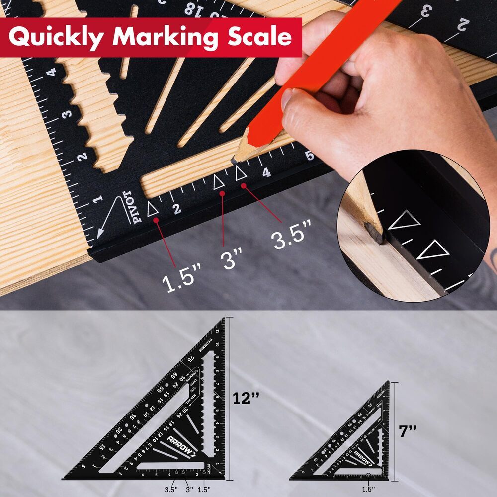 Arrow 2PCS Aluminum Alloy Carpenter Square Set 7″ 12″ Rafter Square Layout Tools