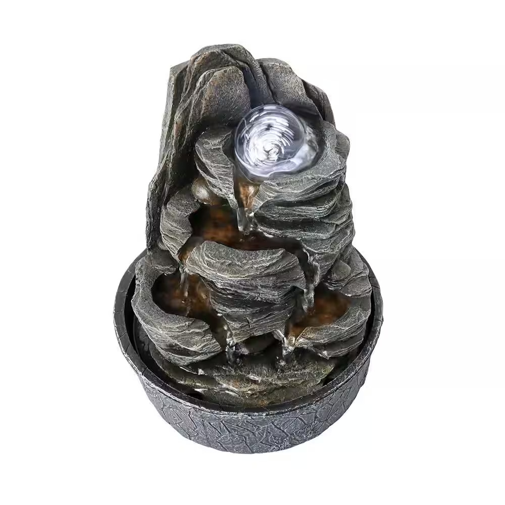 9.8 In. Resin Rockery Indoor Tabletop Tiered Fountain with LED Lights and Crysta