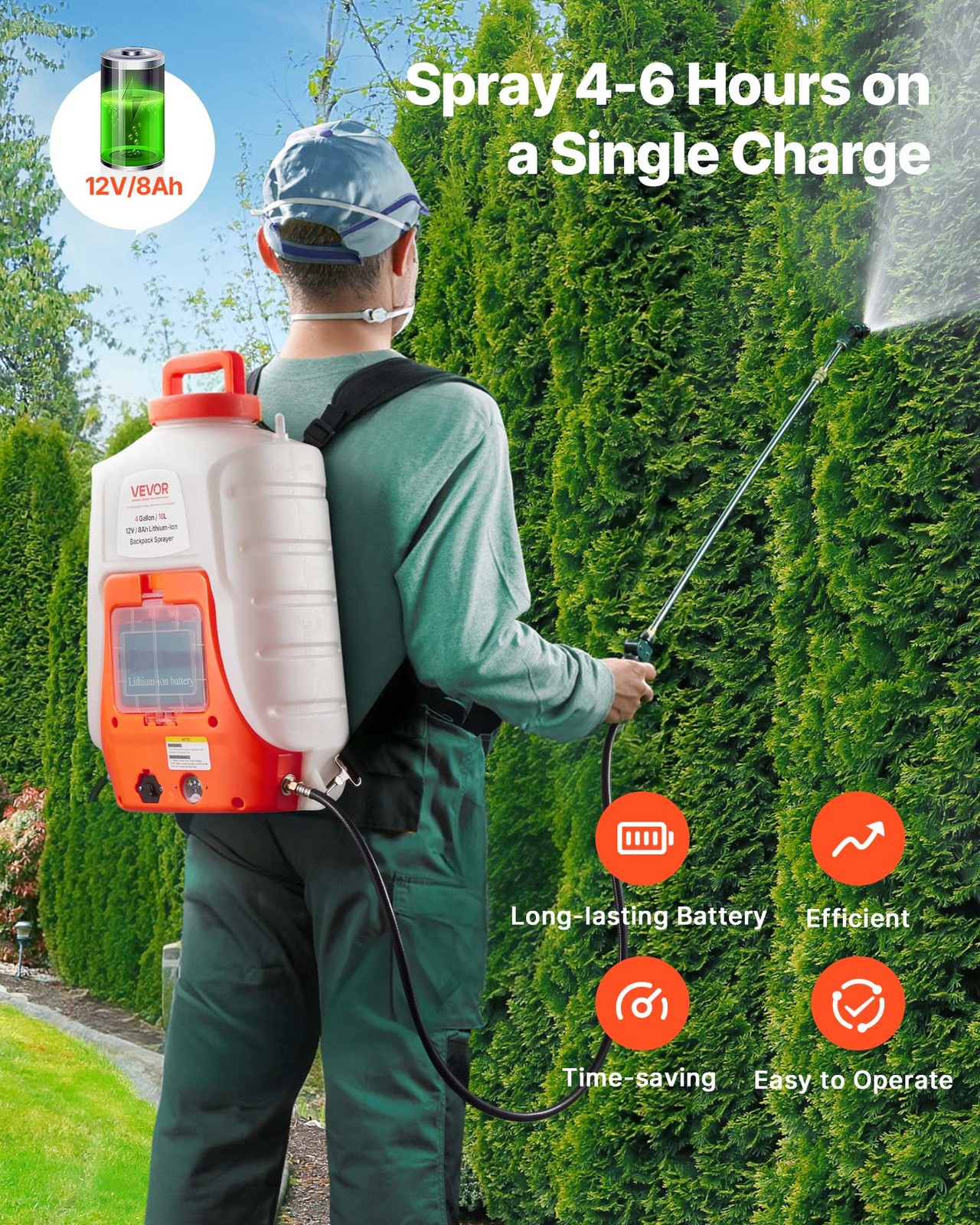 VEVOR Battery Powered Backpack Sprayer 4 Gal Tank 0-90 PSI Adjustable Pressure