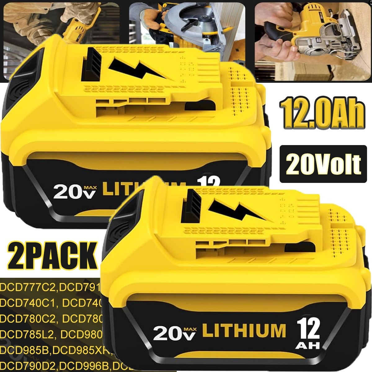 2-Pack 12.0Ah Compatible with Dewalt 20 Volt Battery DCB206 DCB201 DCB203 DCB204