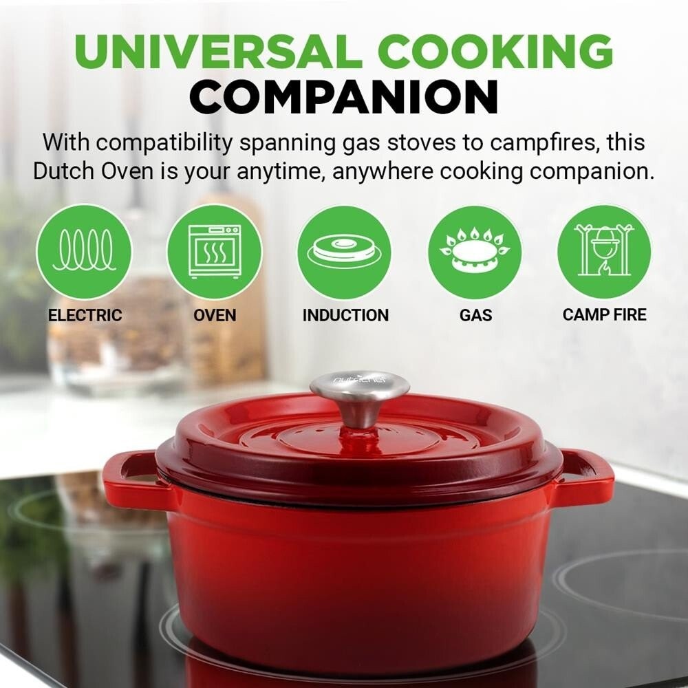 NutriChef 12.7 in x 9.8 in 5qt Dutch Oven Pot Cast Iron & Enameled Red