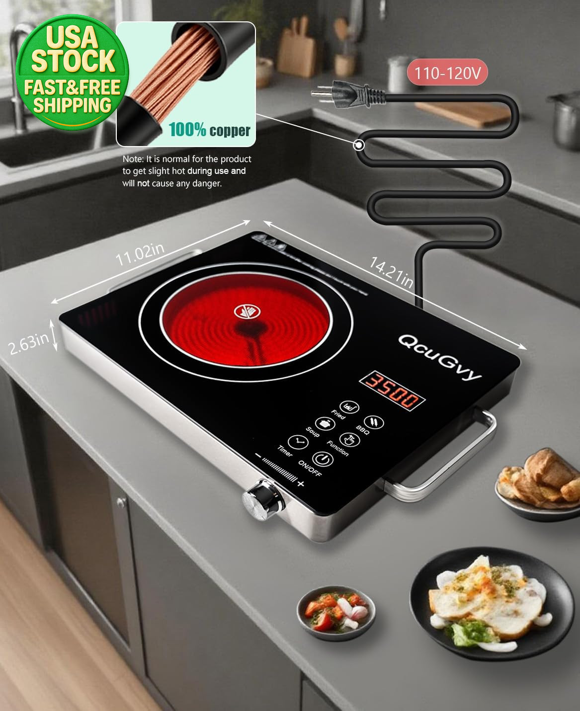 Portable Infrared Electric Burner 3500W Glass Hot Plate Cooktop Touch Control