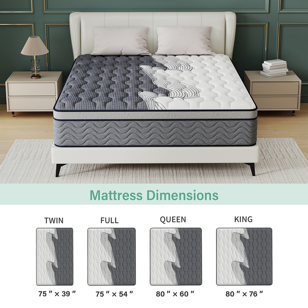 12″ Dual Firm Soft Hybrid Mattress Memory Foam Spring Full Queen King in a Box