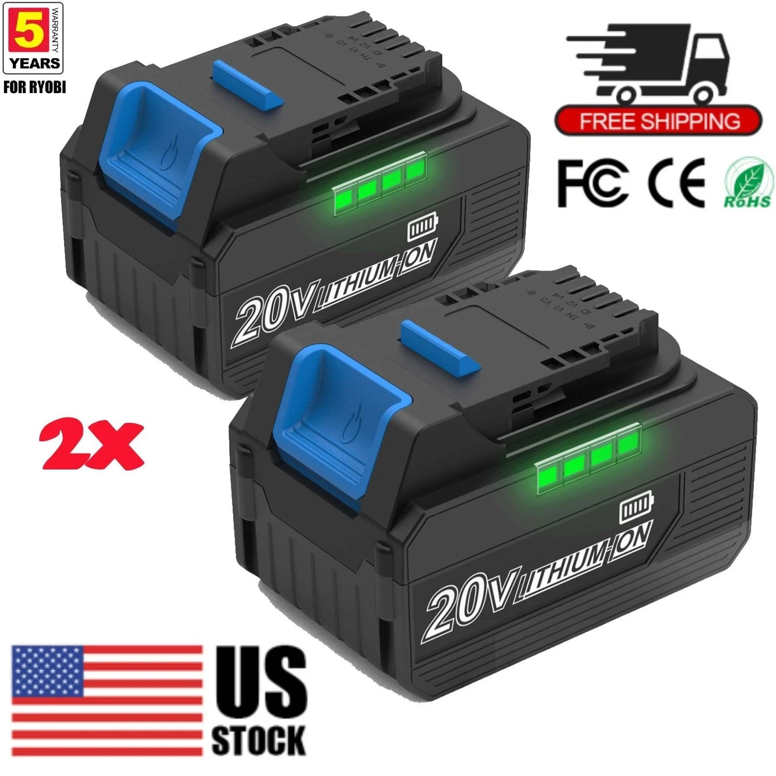2PC 20V 6.5Ah Battery for Dewalt 20Volt Max Lithium Battery DCB206-2 DCB205-2