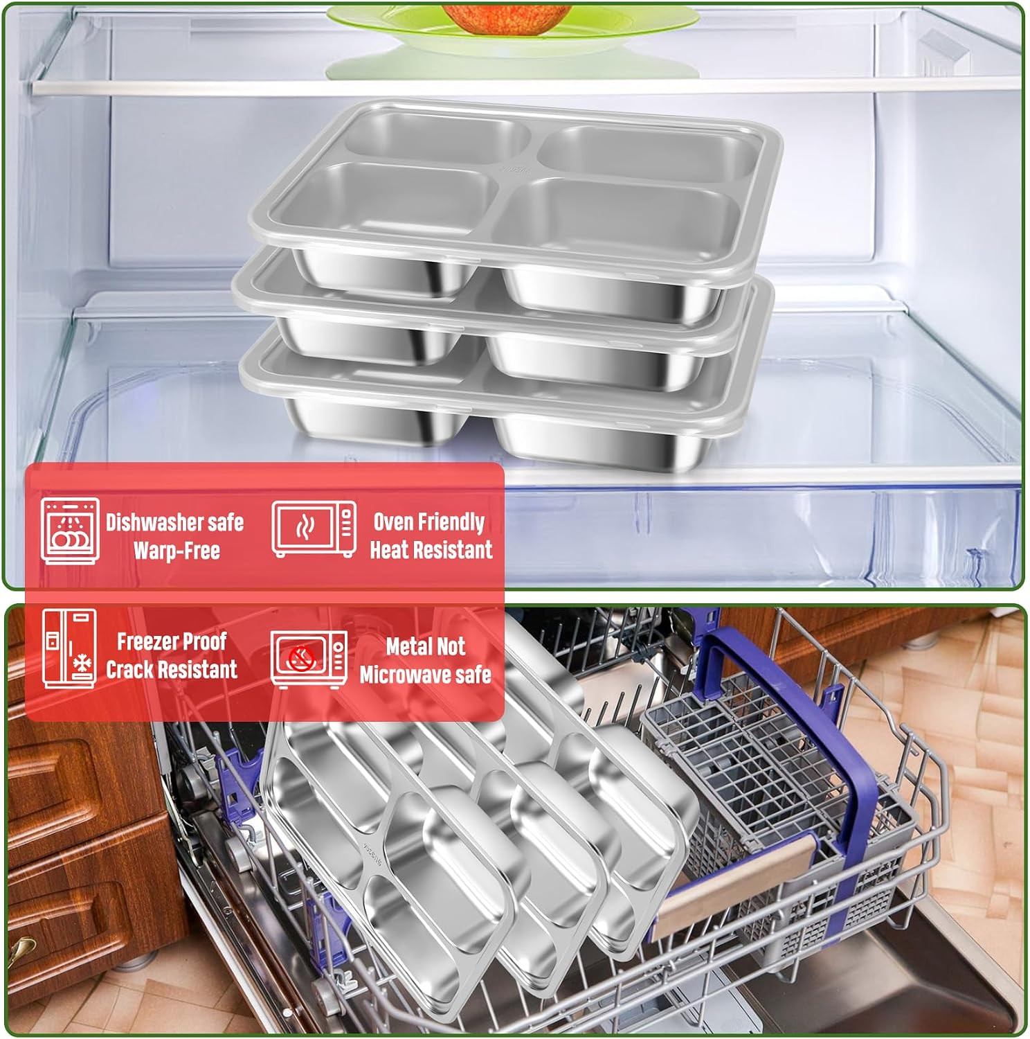 Stainless Steel Snack Containers with Lids 3 Pack, Reusable 4 Compartments