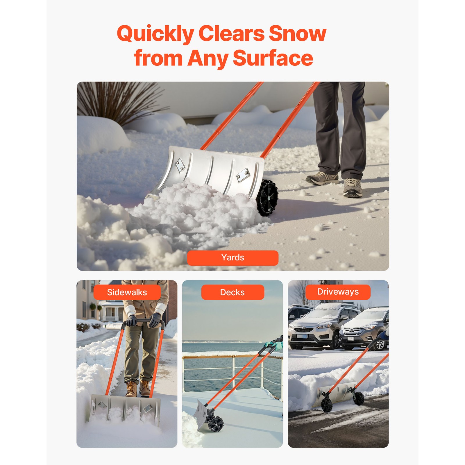 Snow Shovel with Wheels 24″ Durable Metal Snow Removal Pusher Plow for Driveway