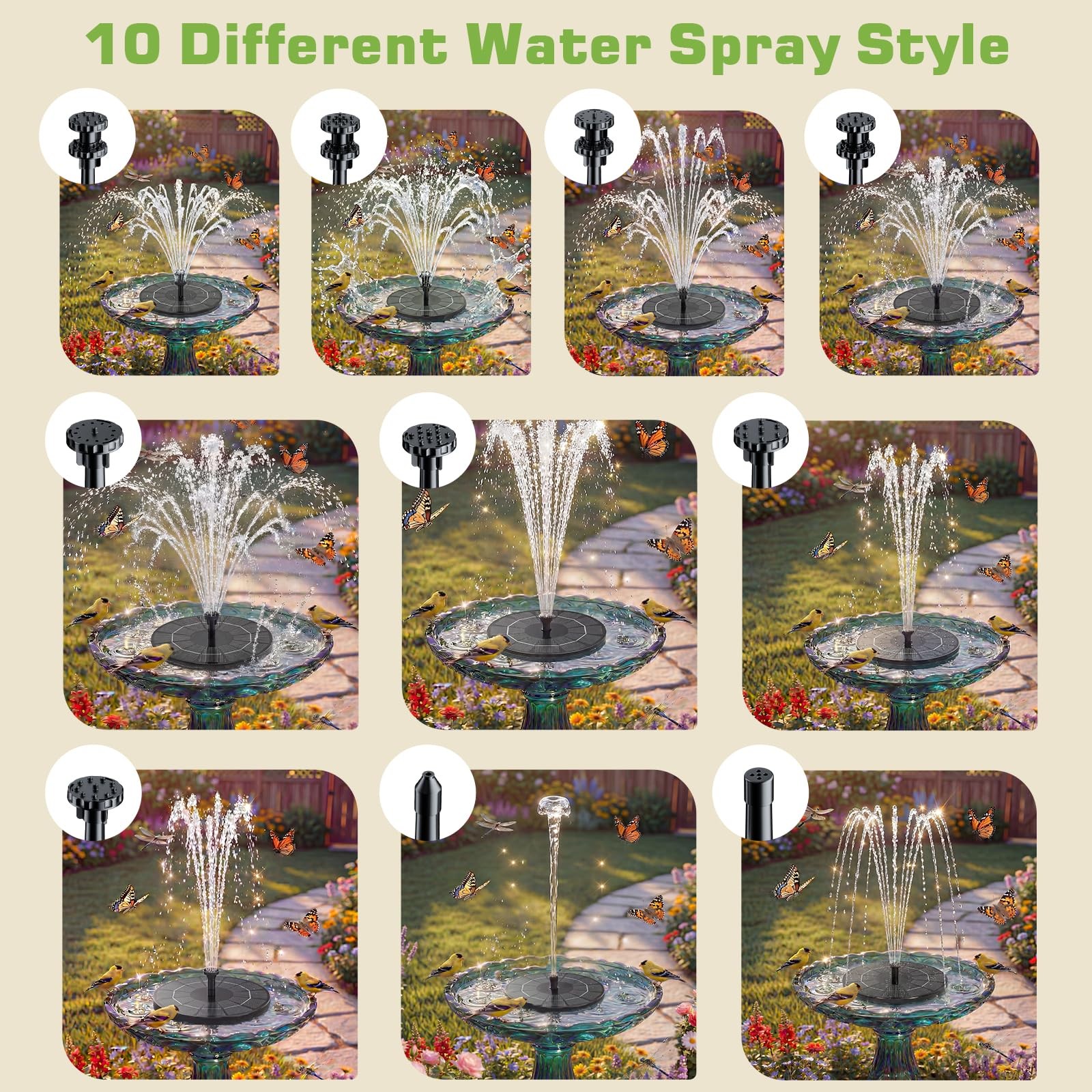 3.5W Solar Fountain Pump Built-in 1500mAh Battery, Bird Bath Fountain with 6